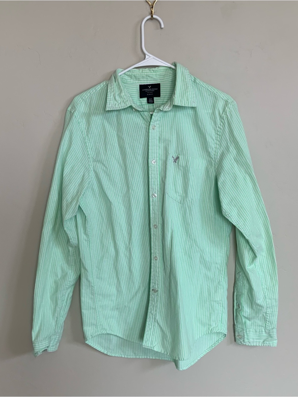 American Eagle Button Up Shirt Mens  Lime Green White SlimFit Medium Striped